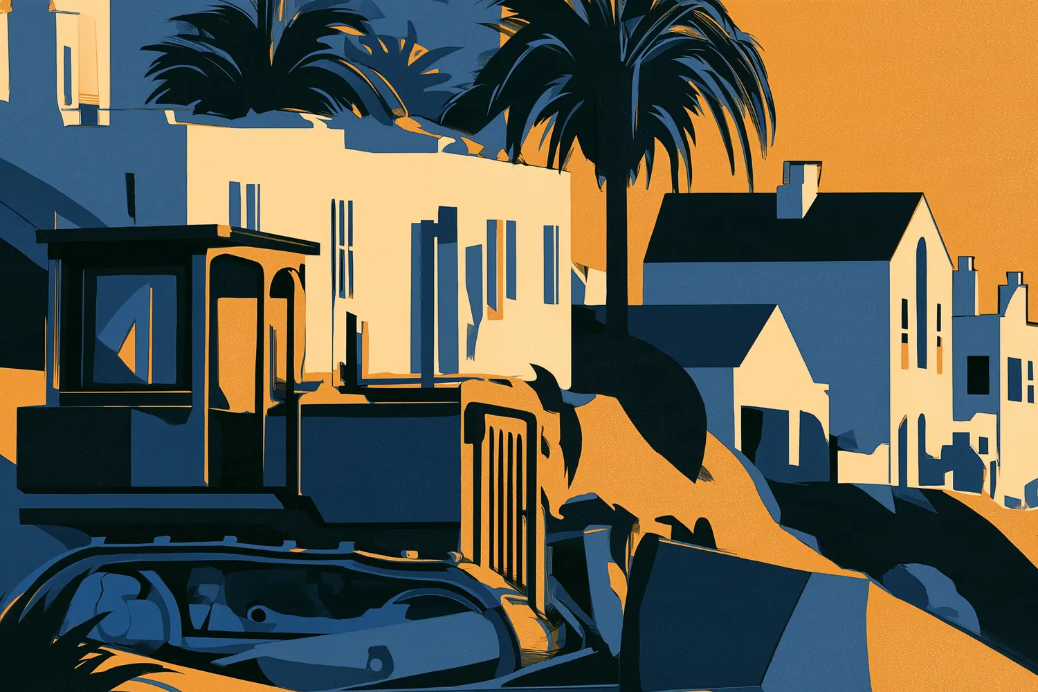 Art-deco poster illustration: a bulldozer on a slope below a row of white houses, with the sea and a large sun behind.
