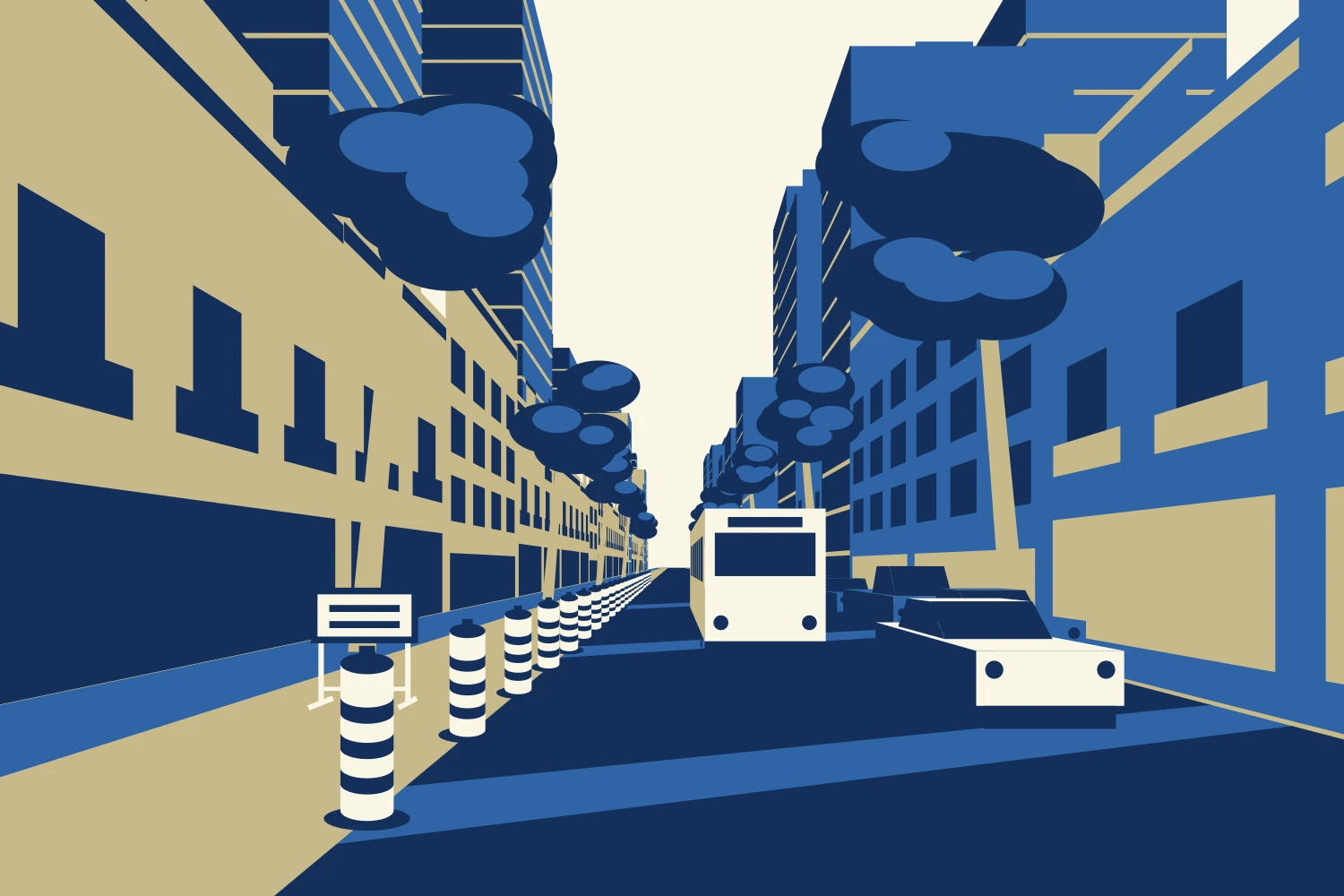 Illustration: a tree-lined city street, striped traffic drums and a sign along its left edge, a bus and a car driving on the right.