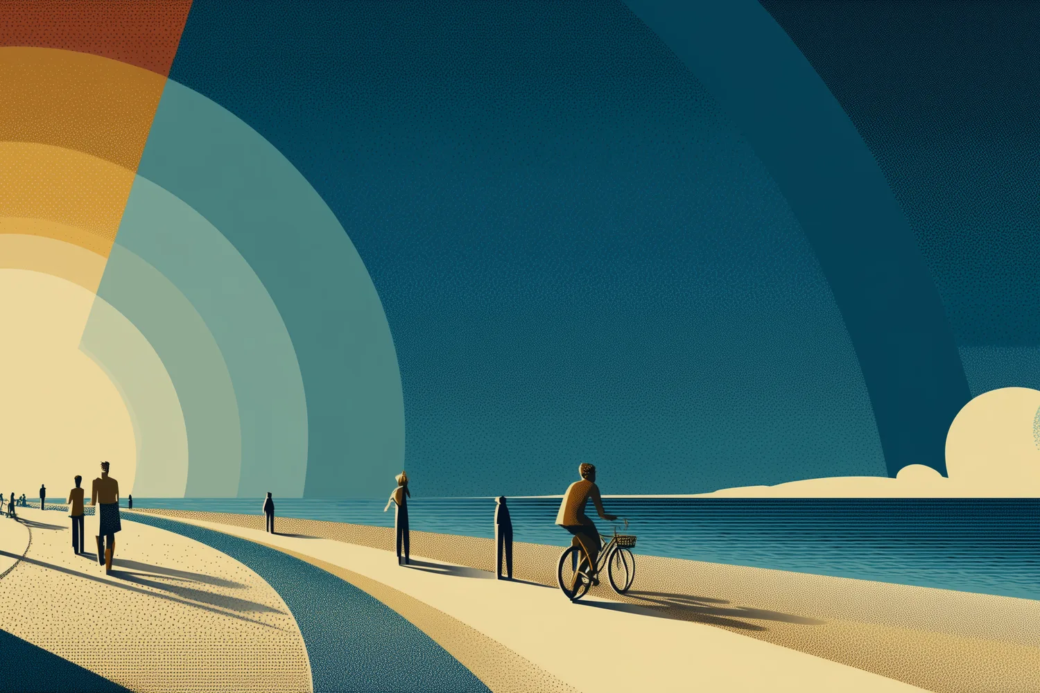 Illustration: coastal promenade at sunset with a cyclist silhouetted beneath an arc of golden light. 1920s poster style.