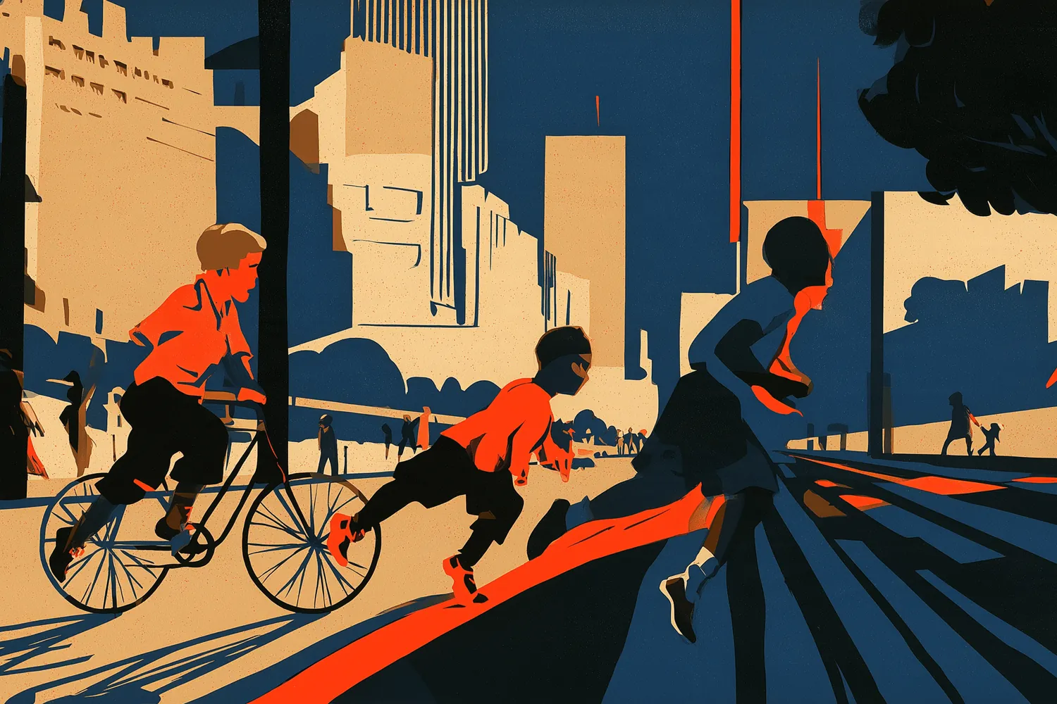 Art-deco poster illustration: children playing in a city street, two running and two on bicycles, with tall buildings and a tree behind.
