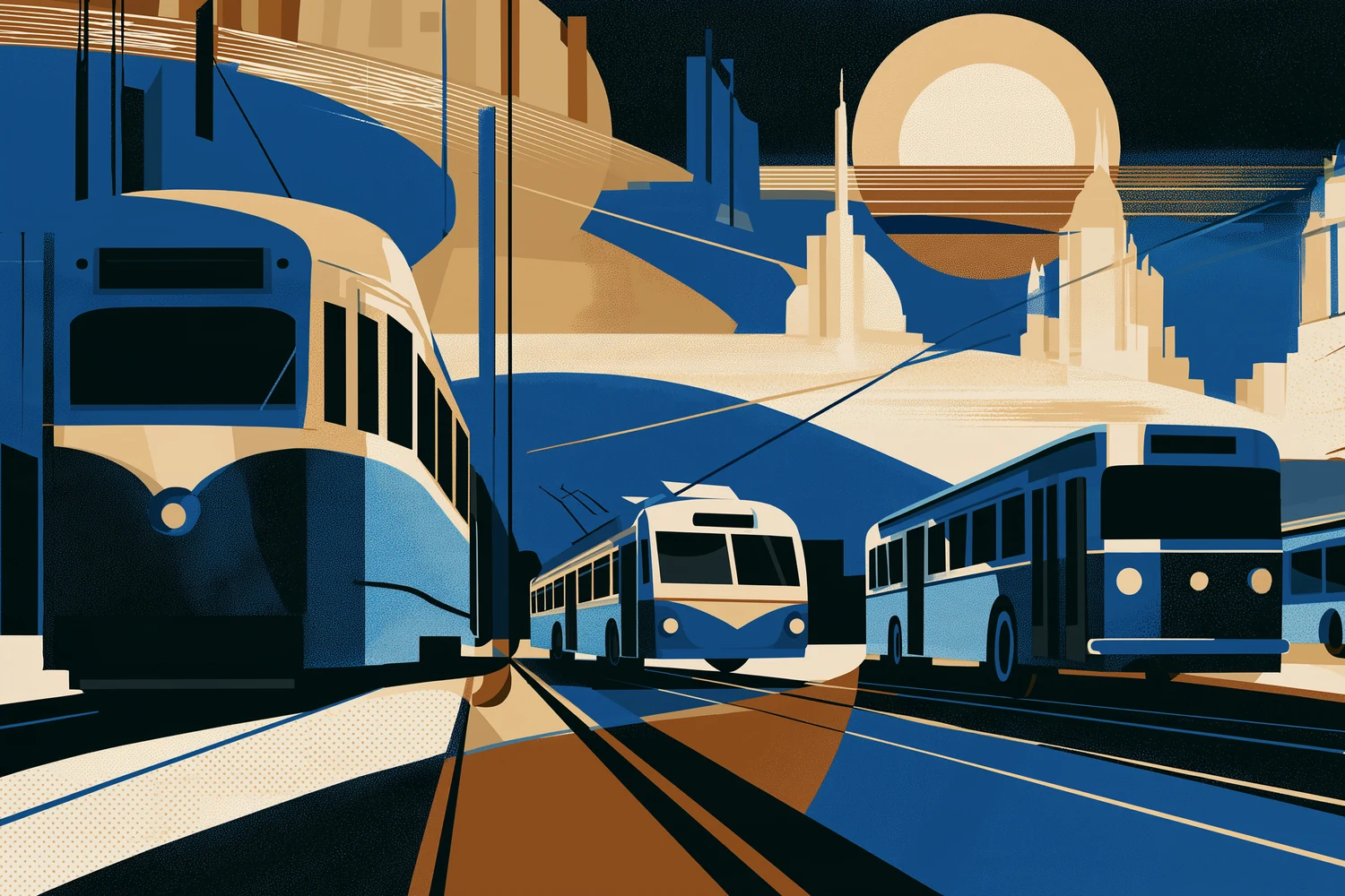 Art-deco poster illustration: a tram, a trolleybus and two buses in a row, with lines converging toward the centre, in front of a city of stepped towers and a large sun.