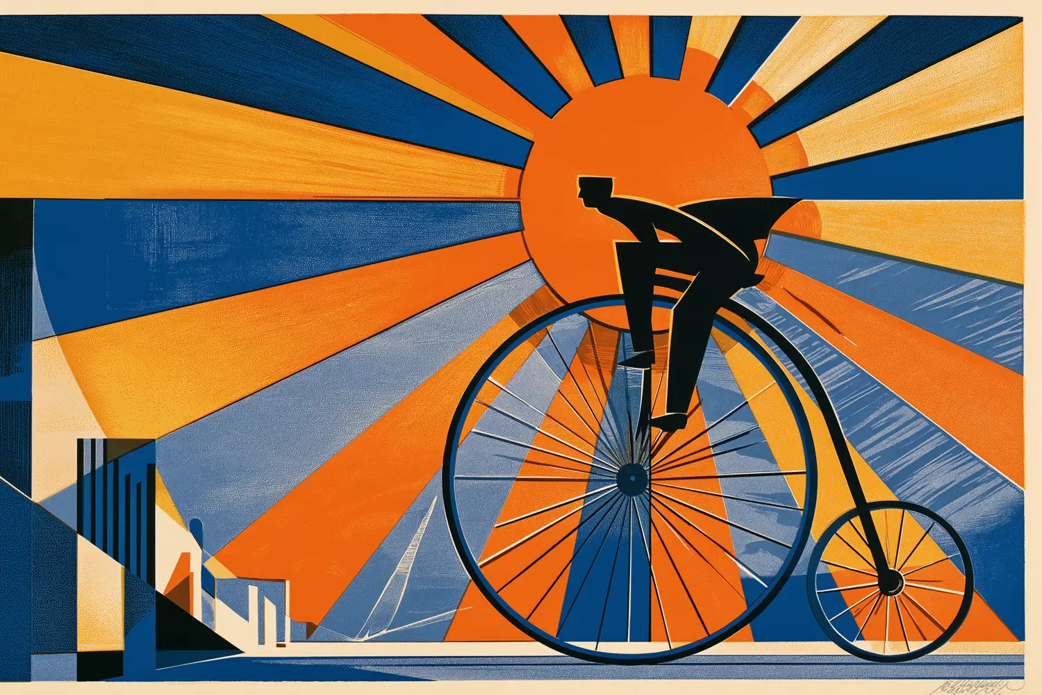 An art-deco illustration of a rider on a high-wheel bicycle, silhouetted against a sunburst of orange, cream and deep-blue rays, with the stepped blocks of a city closing the frame at the left.