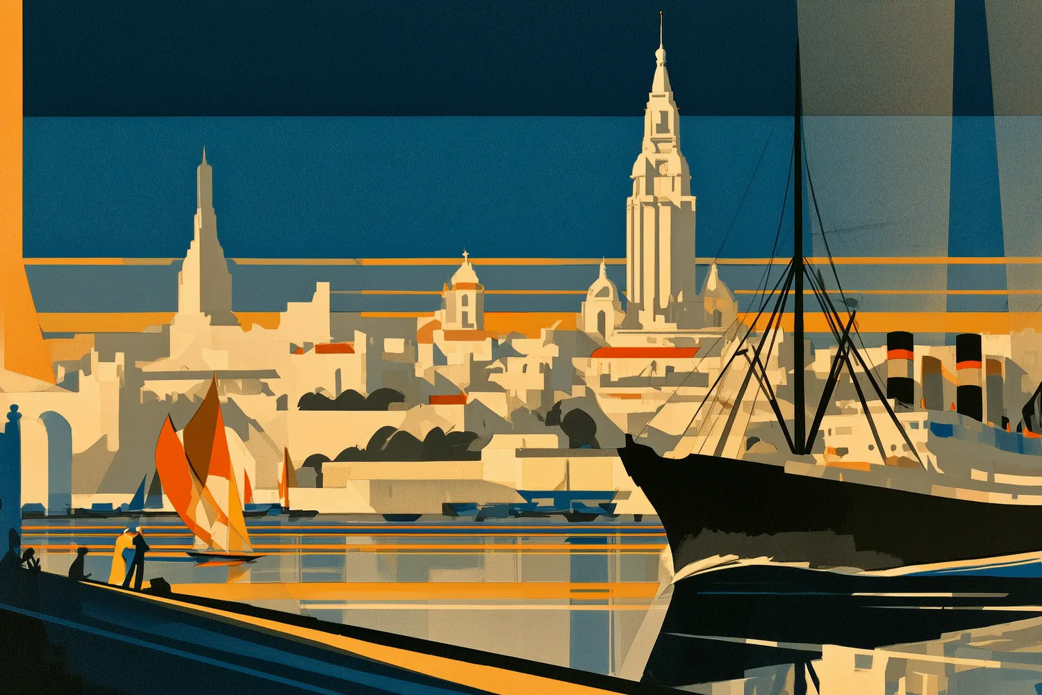 Art-deco illustration: a three-funnel ocean liner and sailboats in the port of Montevideo, with the Ciudad Vieja skyline behind, under a sky of geometric rays.