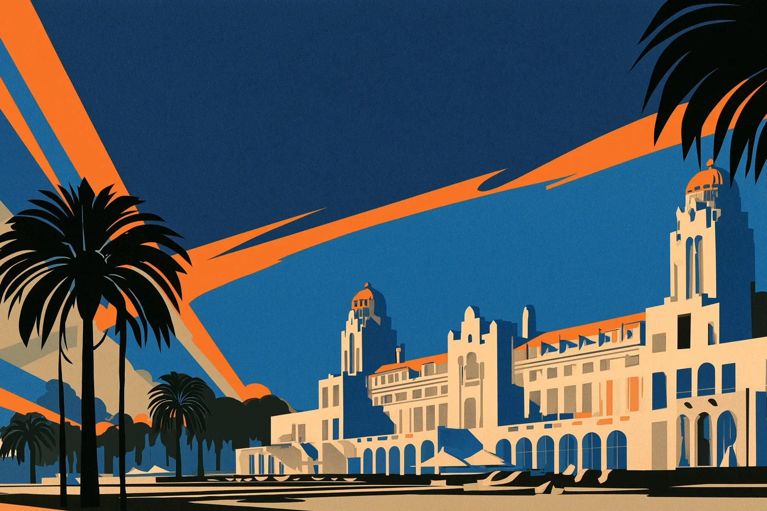 Art-deco illustration: Hotel Carrasco's towers and domes among palm trees, under a sky of geometric rays.