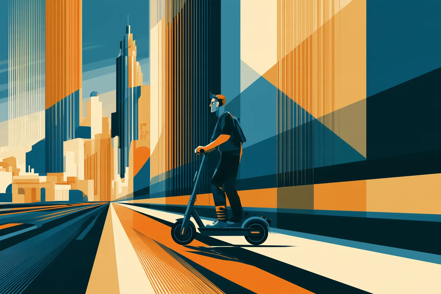 Art-deco poster illustration: a rider on an electric scooter heads down a street toward a skyline of towers and domes.