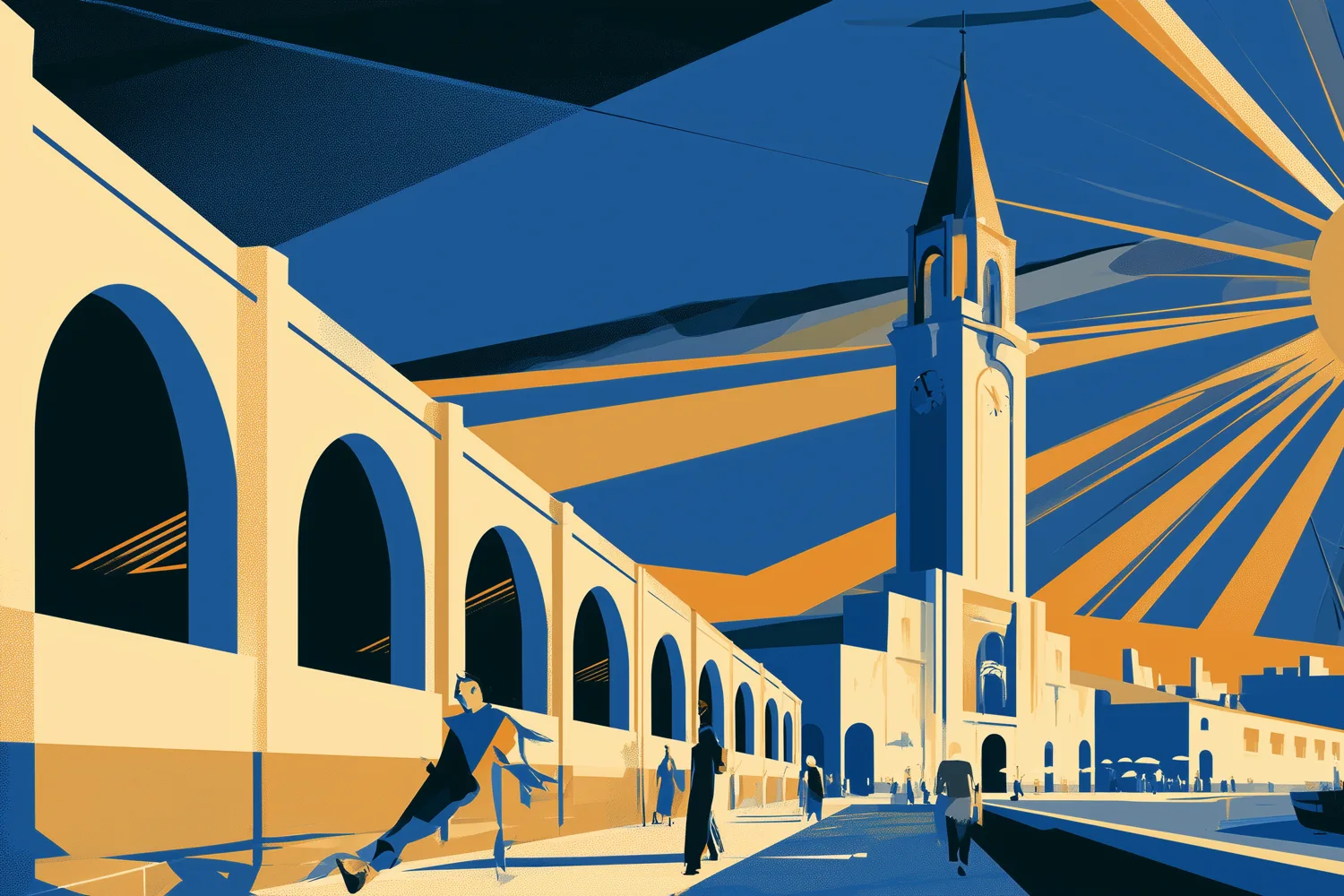 Art-deco illustration: the Mercado del Puerto's arcade and clock tower, with pedestrians by the port.
