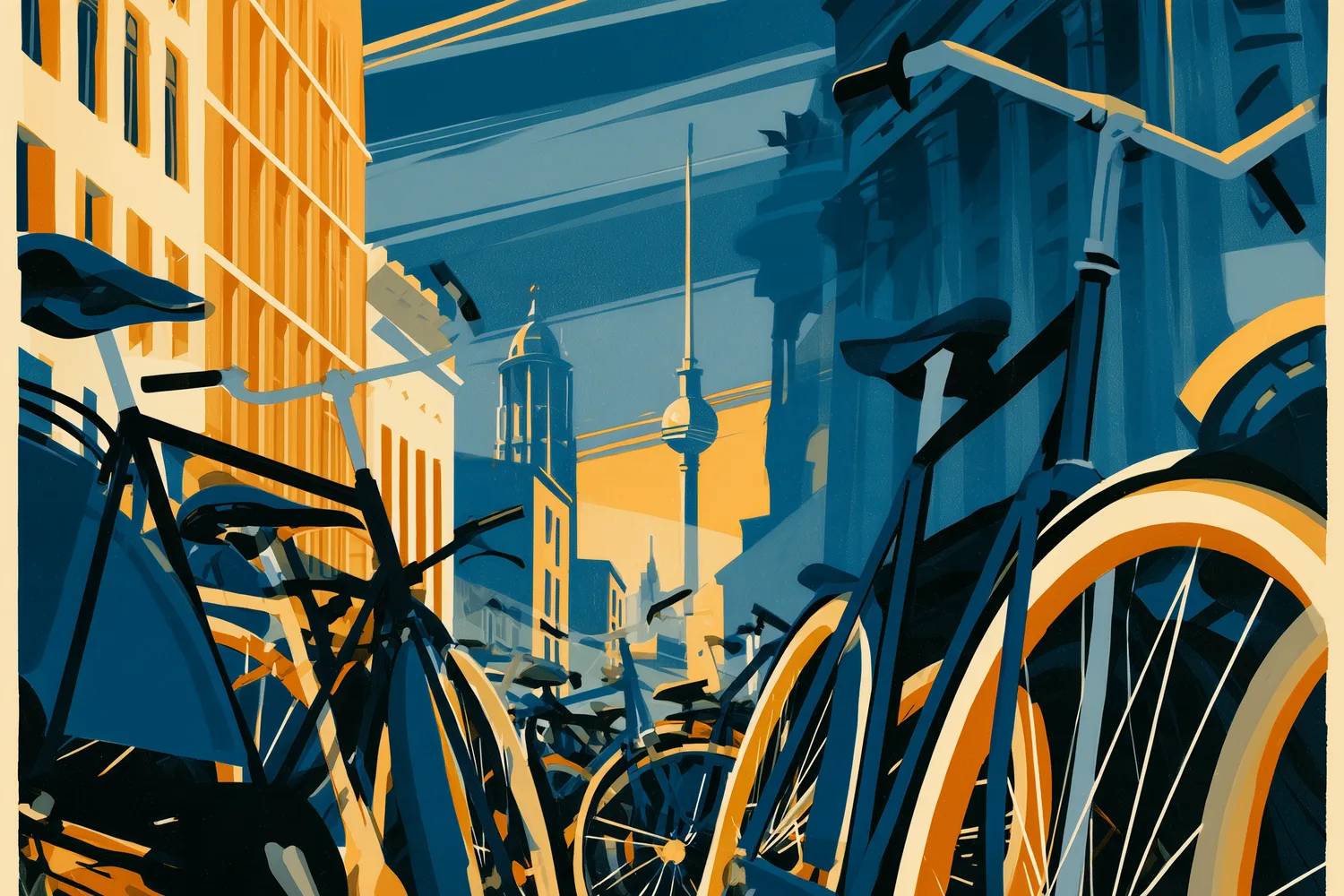 Art deco illustration of parked bicycles and Berlin's television tower.