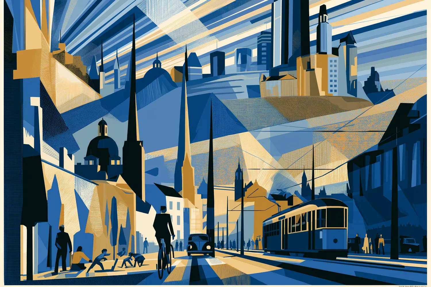 Art-deco illustration: a Montevideo street shared by tram, car, cyclist and pedestrians under a geometric sky.