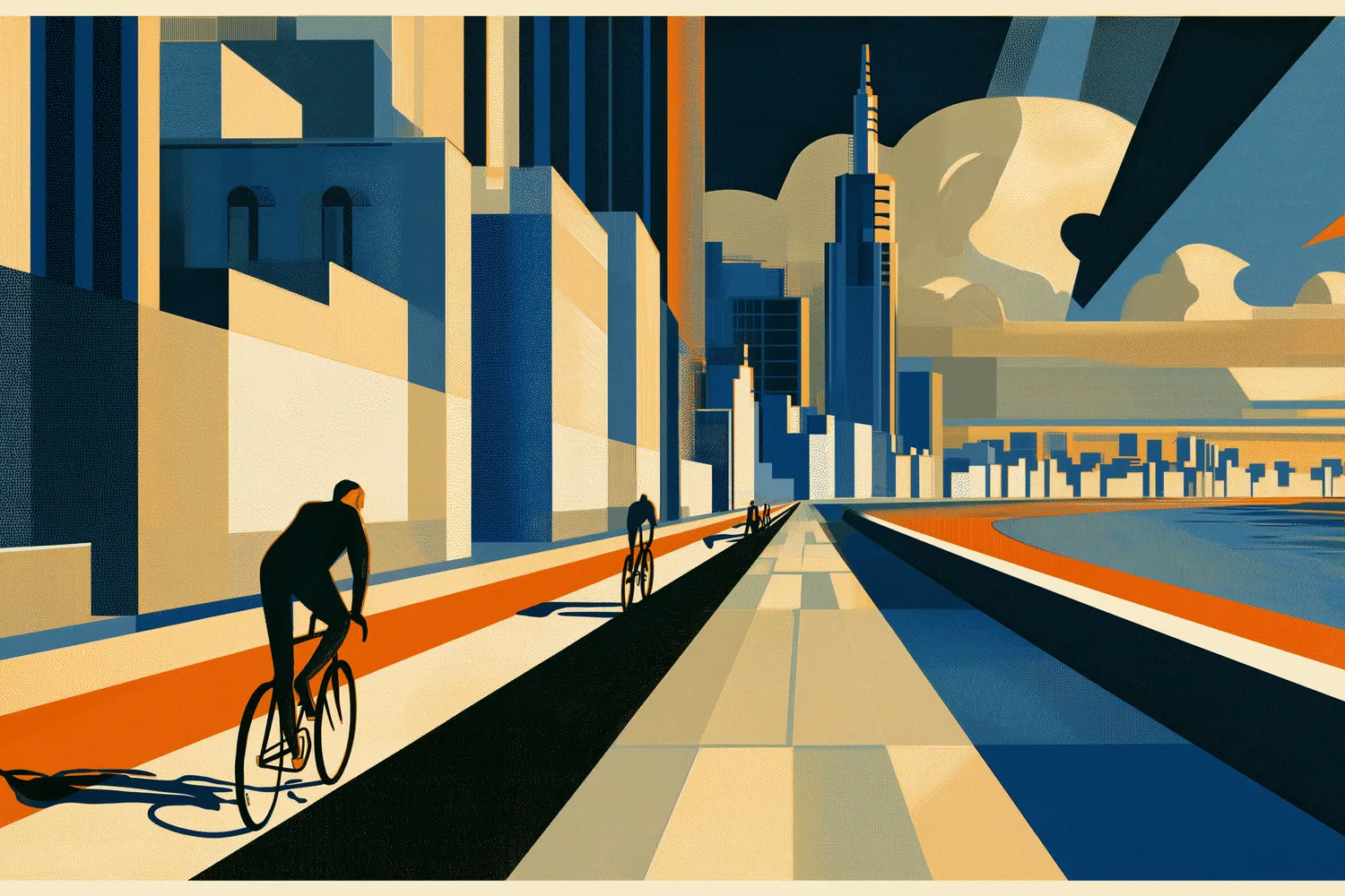 Art-deco illustration of Montevideo's rambla: cyclists along the sea wall, towers and clouds behind.