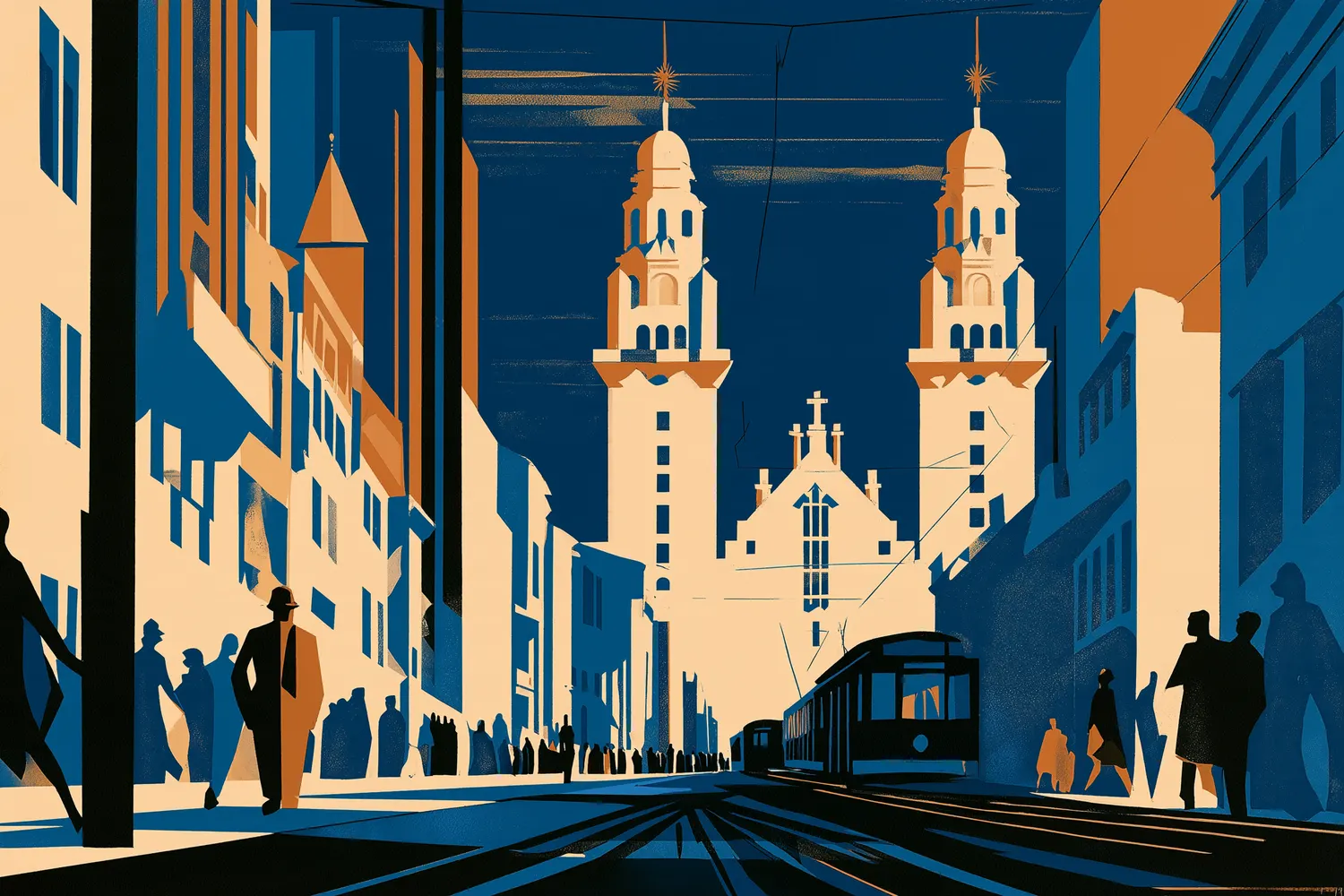 An art-deco illustration looking down Sarandí toward a church's twin towers, past a tram on the rails and figures in period dress crossing the foreground.