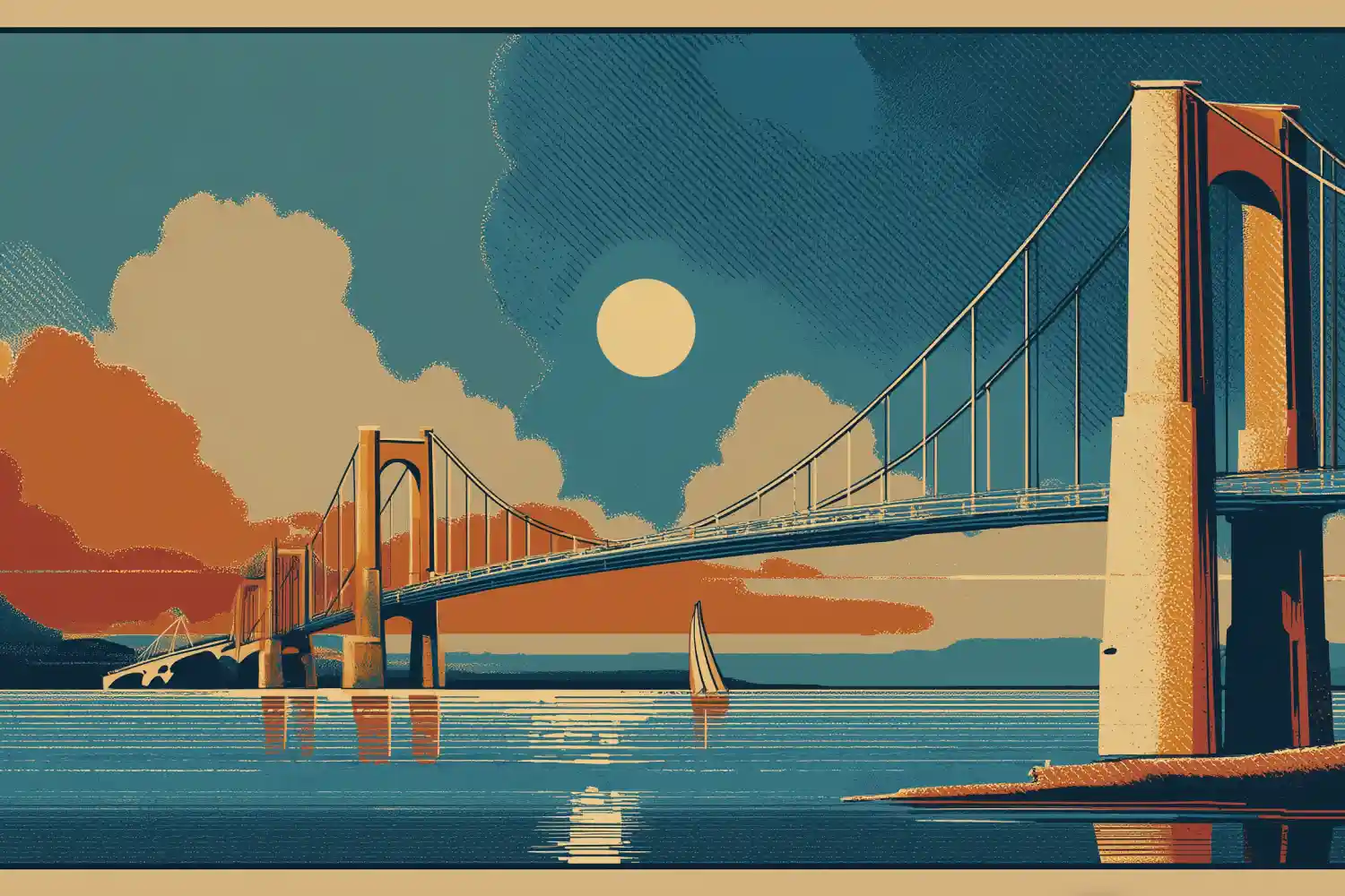 Illustration: suspension bridge over river with sailboat and moon at dusk.