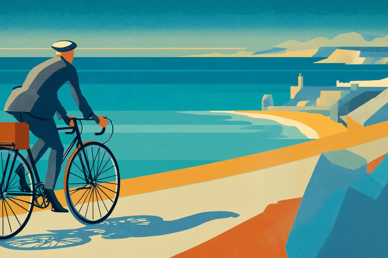Illustration: cyclist with panniers on a coastal road facing the sea.