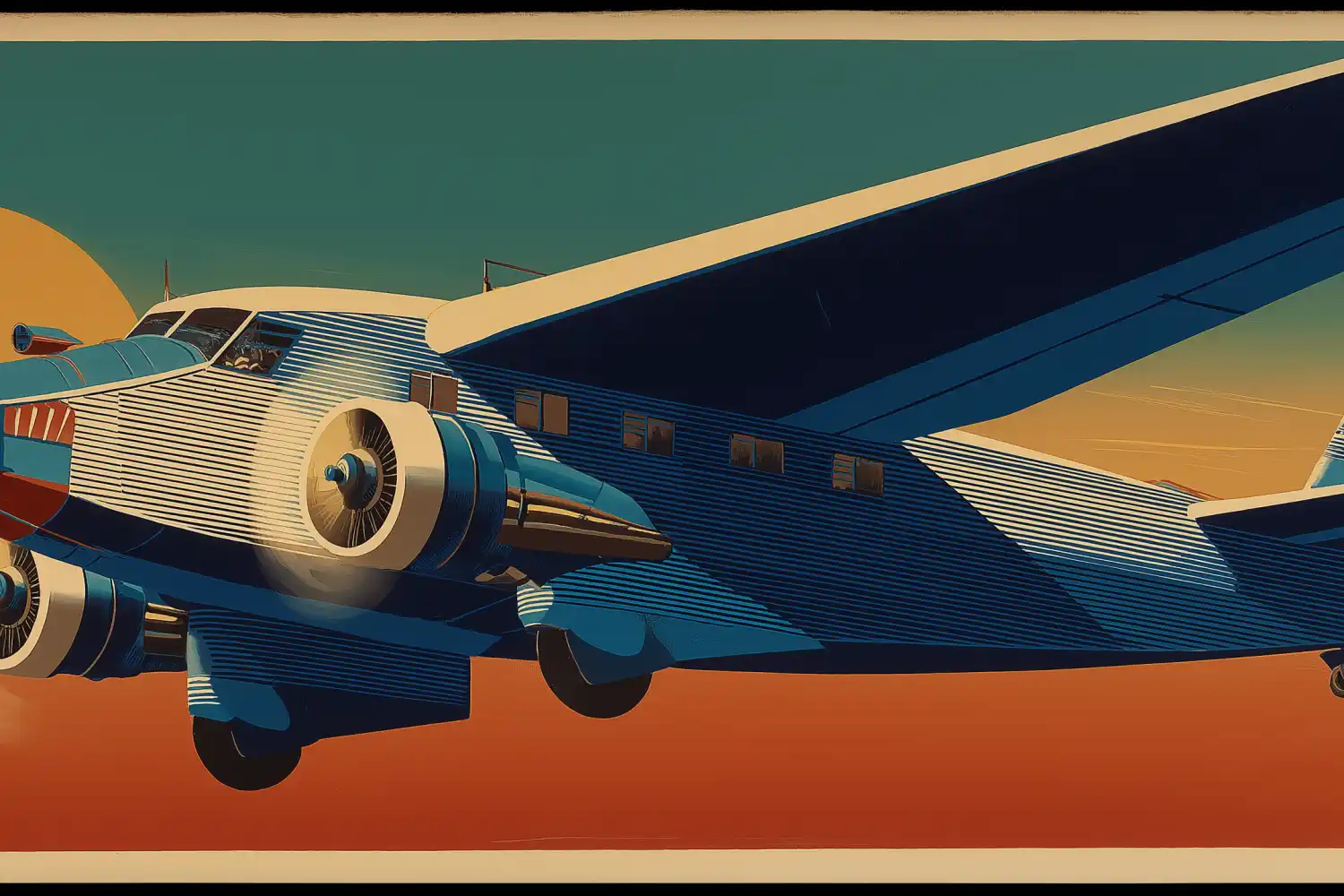 Illustration: biplane climbing against a warm sky. 1920s poster style.