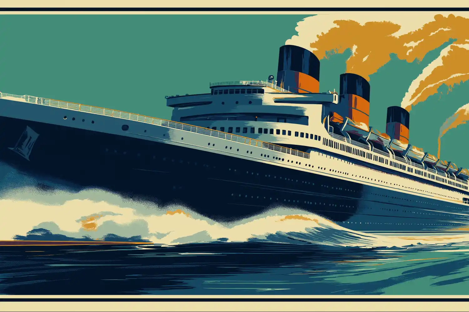 Illustration: passenger ferry crossing the Río de la Plata under a golden dawn.