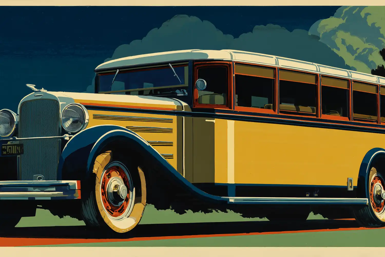 Illustration: long-distance coach on a highway through open countryside.