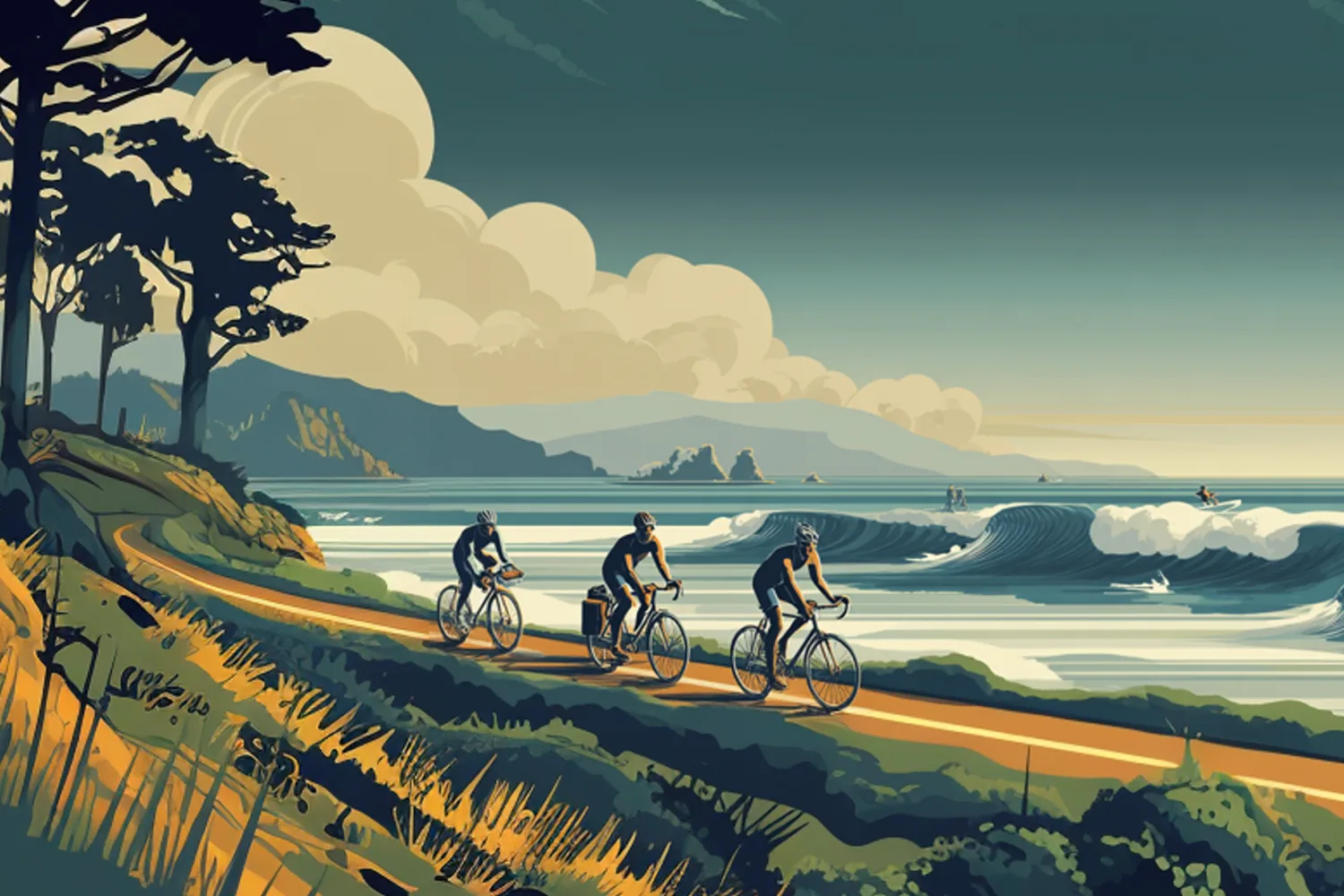 Illustration: cyclists ride along a coastal promenade as waves break.