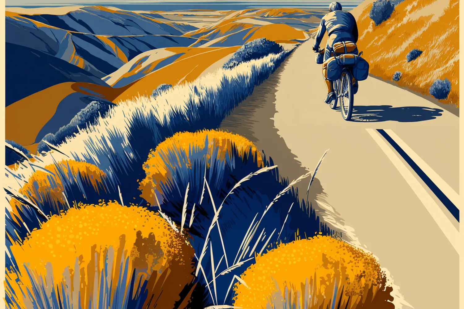 Illustration: a touring cyclist with panniers climbs a dirt road among golden hills.