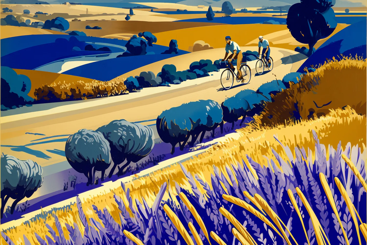 Illustration: two cyclists ride along a rural road between golden hills.