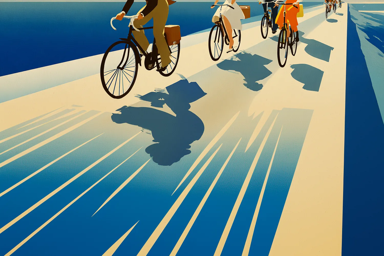 Illustration: cyclists with summer hats advancing in procession along the rambla.