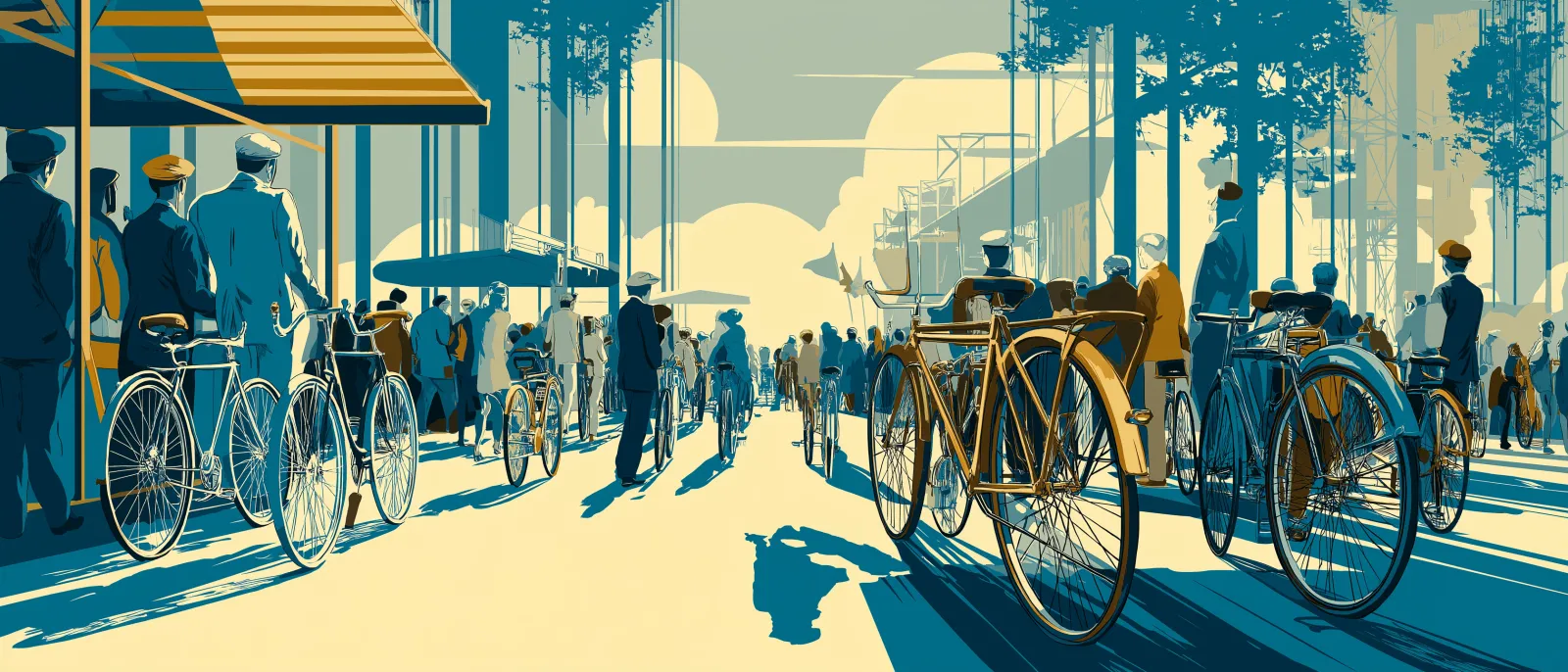 Illustration: a tree-lined street with cyclists and parked bikes, 1920s poster style.