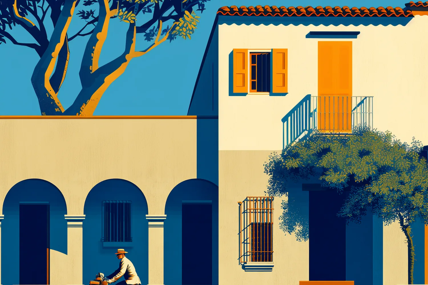 Illustration: a cyclist passes a colonial townhouse with arcades and a stairway.