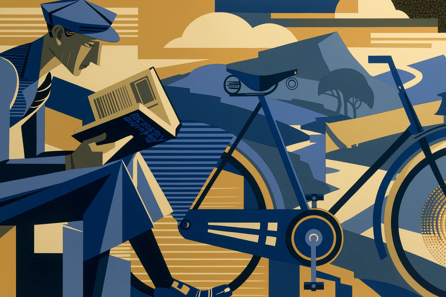 Illustration: a touring cyclist resting beside his bike, reading a phrasebook, gold and blue Uruguayan coastal landscape behind him. 1920s poster style.