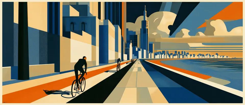 Art-deco illustration of Montevideo's rambla: cyclists along the sea wall, towers and clouds behind.
