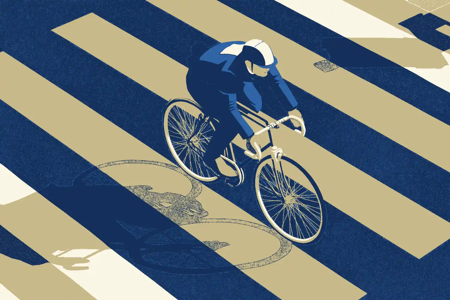 Illustration: cyclist silhouette crossing a pedestrian crossing seen in aerial perspective. 1920s poster style.