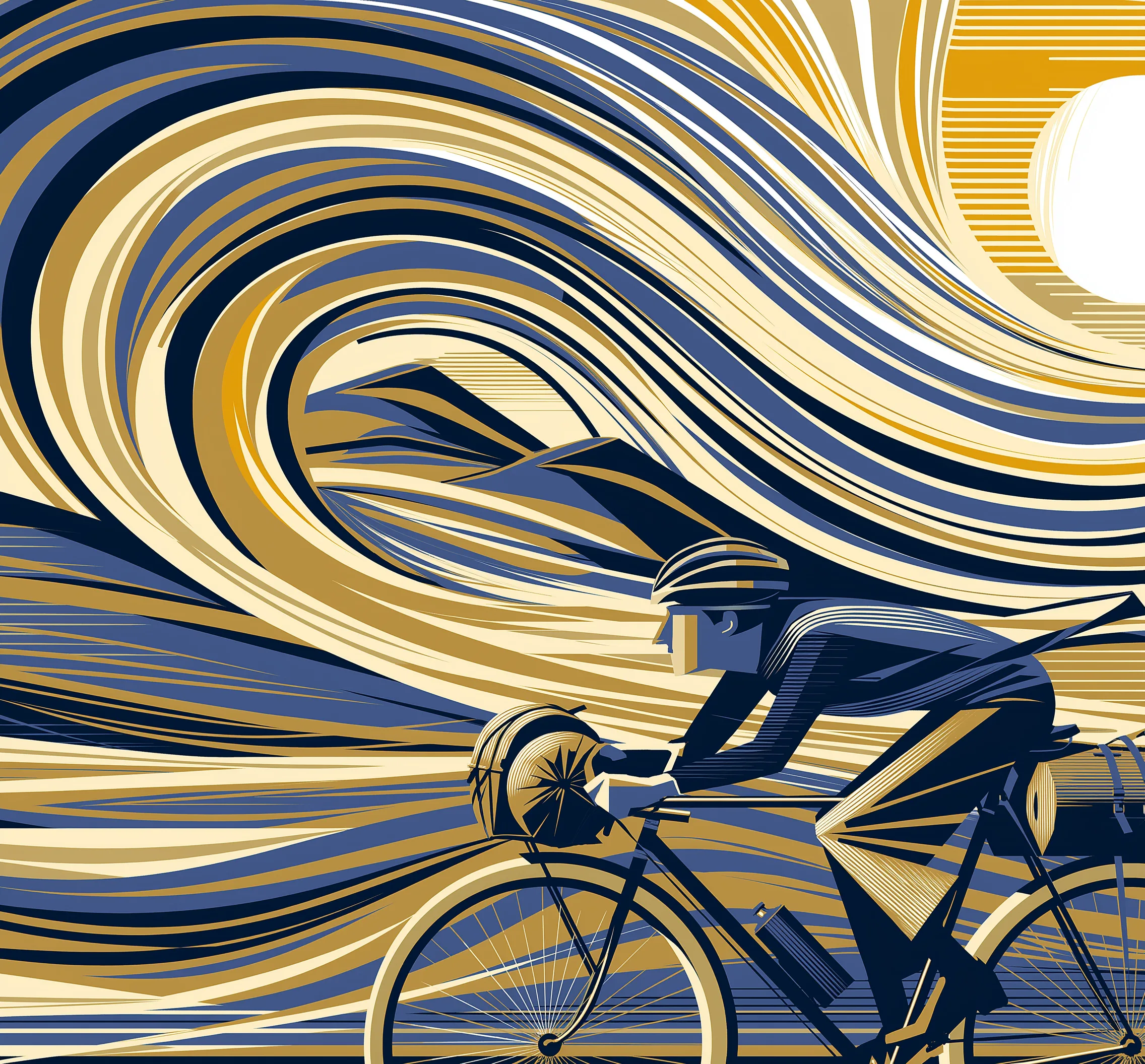 Illustration: cyclist leaning into the wind, gold and blue gusts streaming past. 1920s poster style.