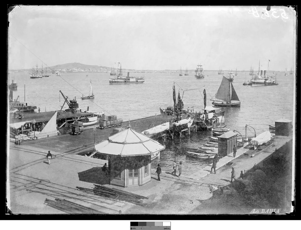 Historical photo, 1890s: Montevideo's bay with sailing ships and steamers at anchor, a small wooden pier in the foreground and the Cerro on the horizon, no port works yet.