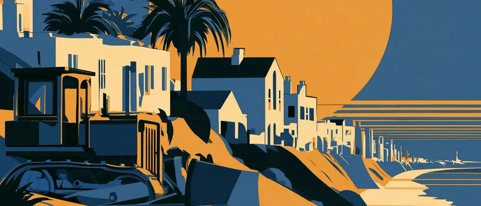 Art-deco poster illustration: a bulldozer on a slope below a row of white houses, with the sea and a large sun behind.