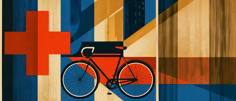 Art-deco poster illustration: a black-framed bicycle at centre, a large red Greek cross to its left, a tall building above, and vertical bands of blue, cream and ochre.