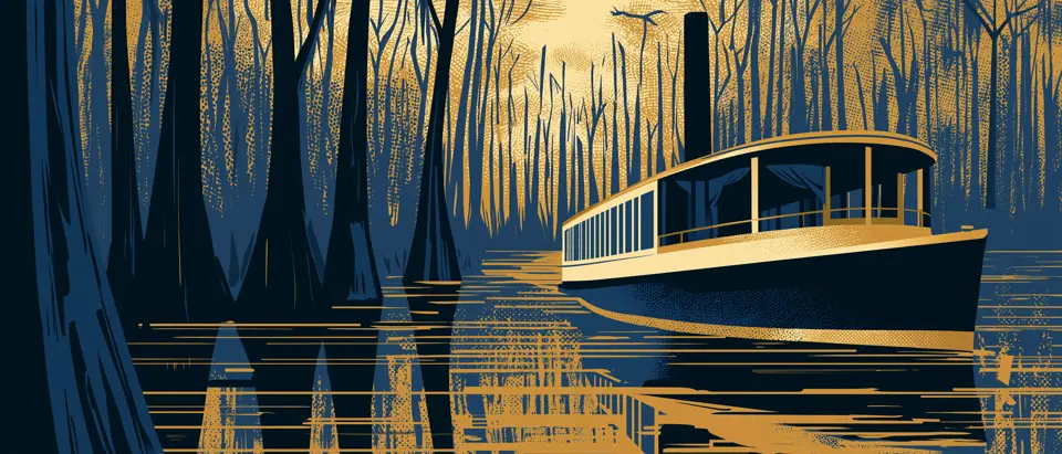 Art-deco illustration of a ferry crossing the delta toward Carmelo, a bicycle aboard.