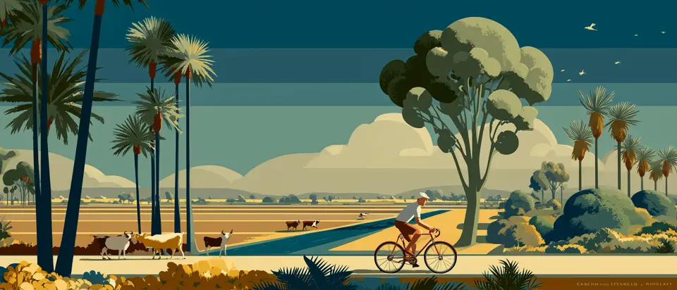 Illustration: cyclist on a rural road amid palm trees and lush trees under a clear sky. 1920s poster style.