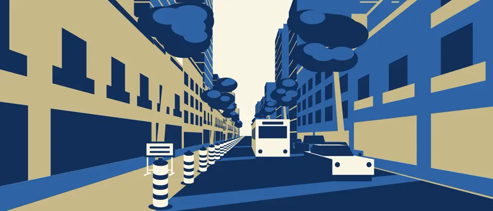 Illustration: a tree-lined city street, striped traffic drums and a sign along its left edge, a bus and a car driving on the right.