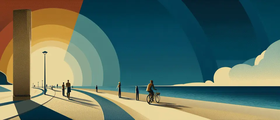 Illustration: the coastal rambla at sunset, a cyclist's silhouette beneath a golden arc of light. 1920s poster style.