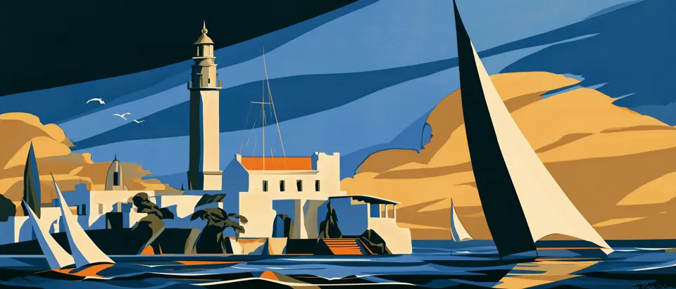 Art-deco illustration of the Colonia del Sacramento lighthouse and sailboats on the Río de la Plata.