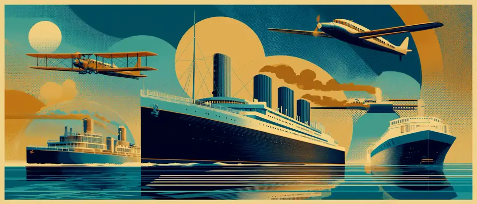 Illustration: ocean liner with smokestacks in composition with biplane and modern aircraft over calm waters. 1920s poster style.