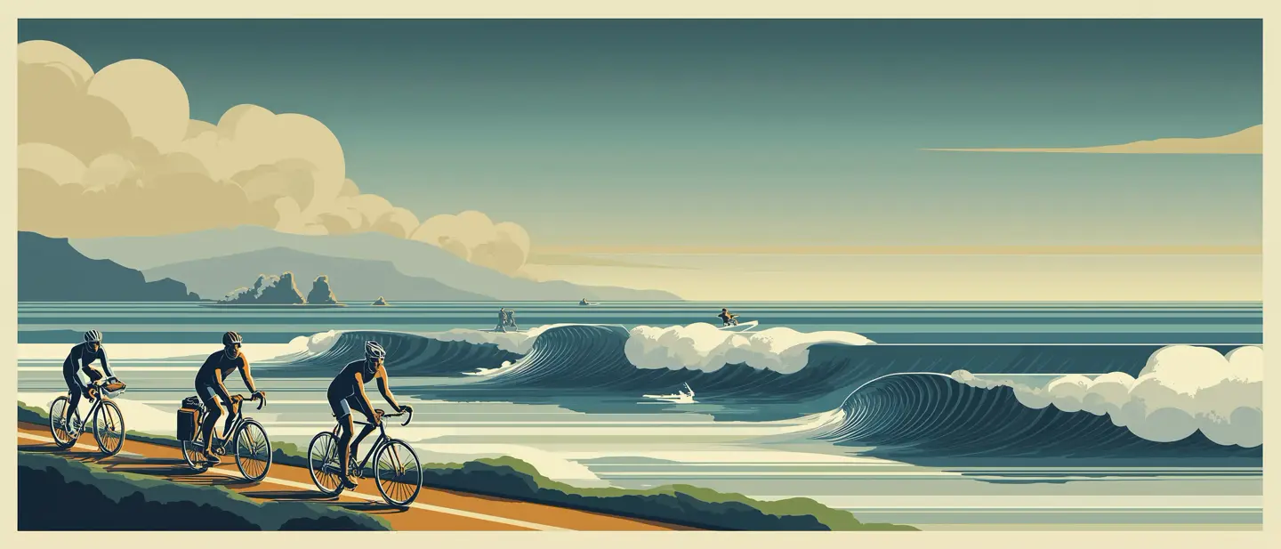 Illustration: a cyclist on the Atlantic coast of Uruguay at dawn. 1920s poster style.