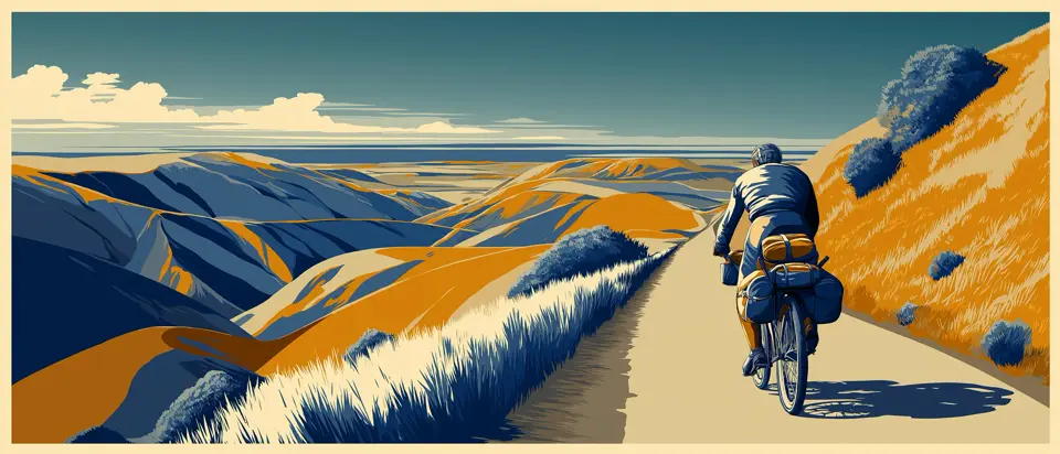 Illustration: a cyclist on a long road toward the horizon with distant mountains. 1920s poster style.