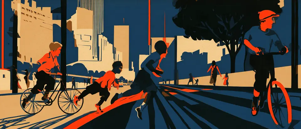 Art-deco poster illustration: children playing in a city street, two running and two on bicycles, with tall buildings and a tree behind.
