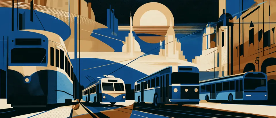 Art-deco poster illustration: a tram, a trolleybus and two buses in a row, with lines converging toward the centre, in front of a city of stepped towers and a large sun.