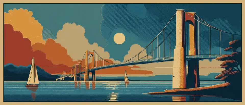 Illustration: suspension bridge over river with sailboat and moon at dusk. 1920s poster style.