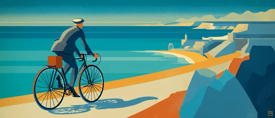 Illustration: cyclist with panniers on a coastal road facing the sea. 1920s poster style.