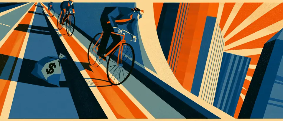 Art-deco poster illustration: three cyclists in suits and caps ride in single file along a street of coloured stripes, past a money bag marked with a $ sign, with city towers rising at right.