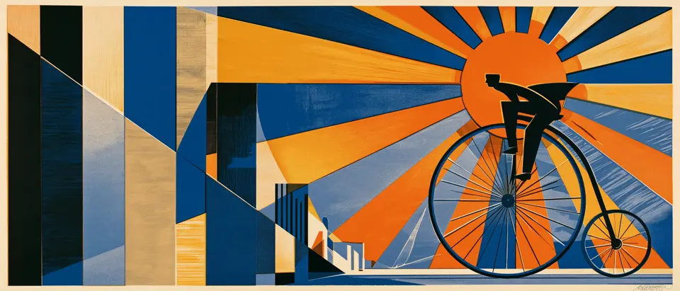 An art-deco illustration of a rider on a high-wheel bicycle, silhouetted against a sunburst of orange, cream and deep-blue rays, with the stepped blocks of a city closing the frame at the left.