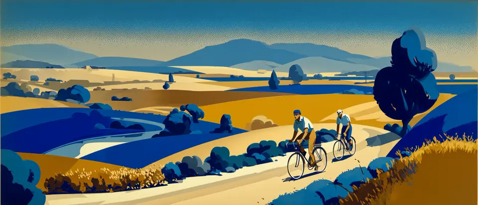 Illustration: a cyclist on a rural road through Uruguay's interior among soft hills. 1920s poster style.