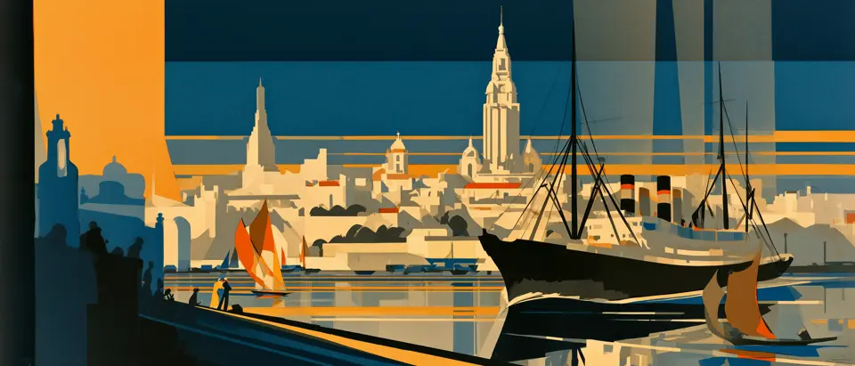 Art-deco illustration: a three-funnel ocean liner and sailboats in the port of Montevideo, with the Ciudad Vieja skyline behind, under a sky of geometric rays.