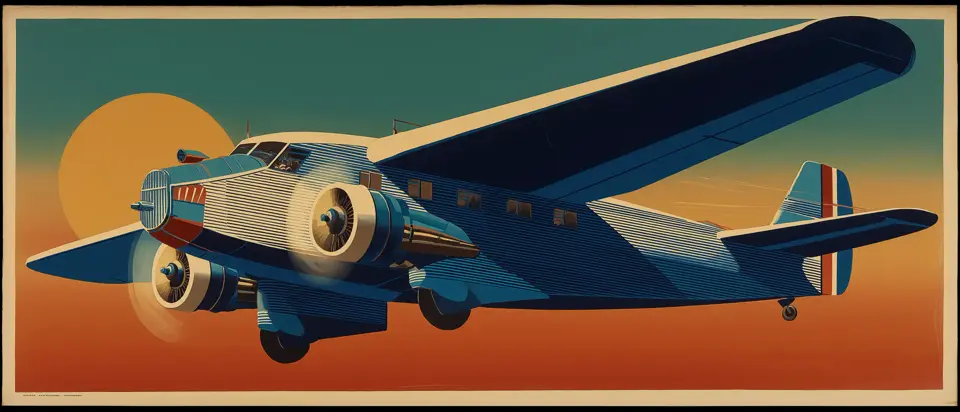Illustration: biplane over the Río de la Plata in art-deco composition. 1920s poster style.