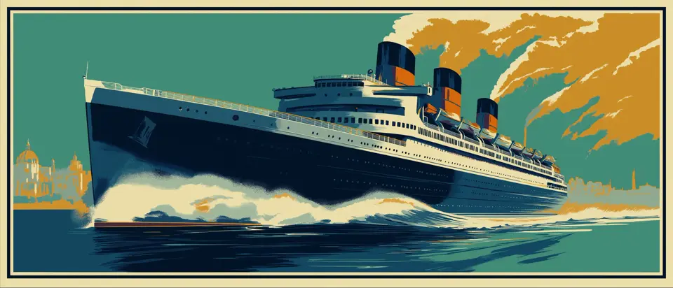 Illustration: passenger ferry crossing the Río de la Plata under a golden dawn. 1920s poster style.